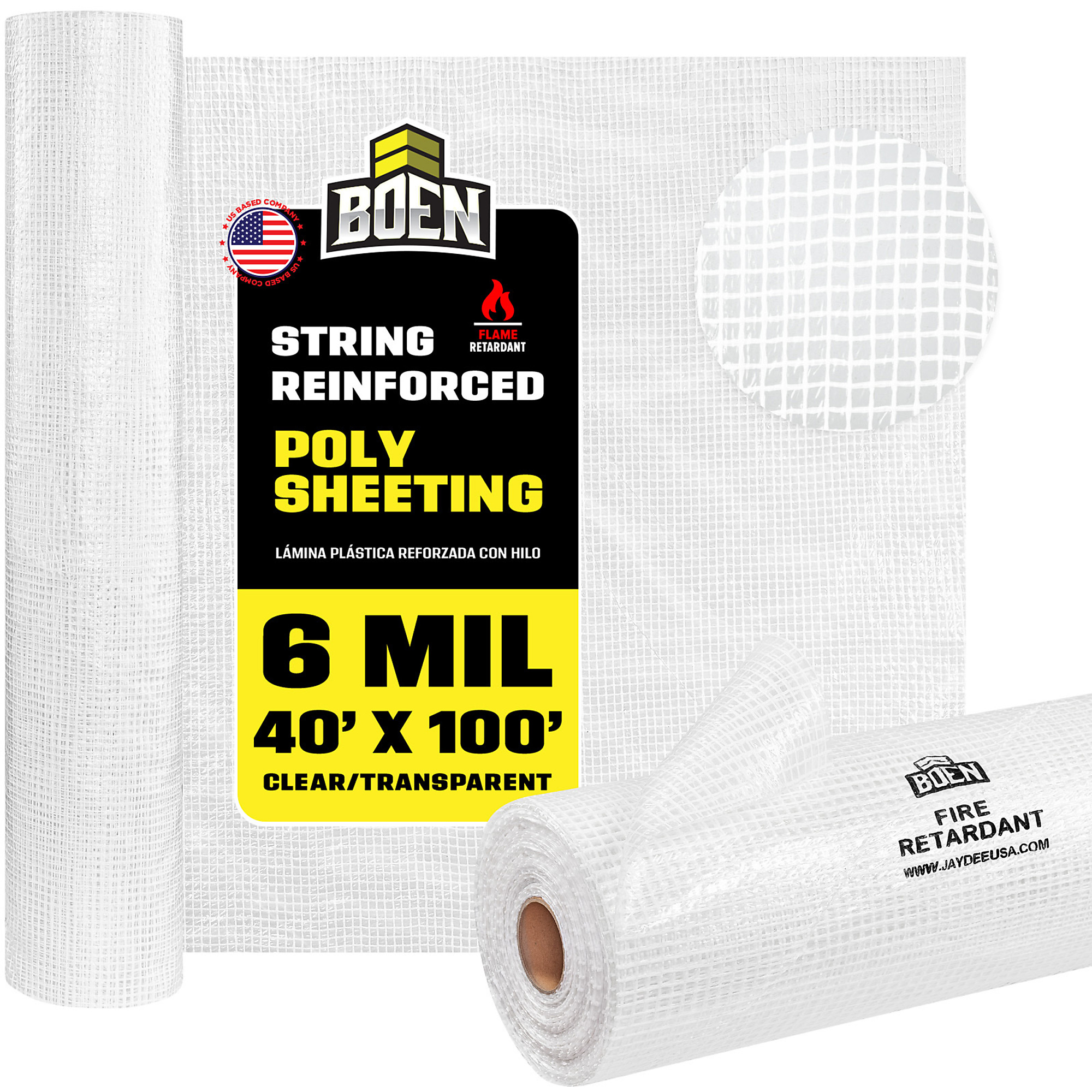 Boen Fire Retardant String Reinforced Plastic Sheeting 40 ft x 100 ft, 6 Mil Heavy-Duty for Dust Containment, Vapor Barrier & Jobsite Protection